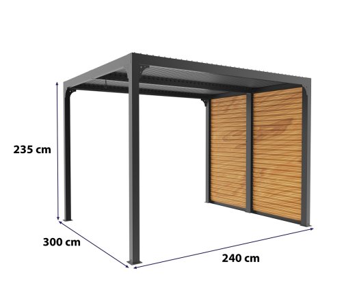 Pergola Bioclimatique avec ventelles imitation bois pour coté 3m, Aluminium gris anthracite, 2.40 x 3.00m, 7.20m²