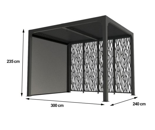 Pergola bioclimatique Aluminium avec 4 panneaux moucharabieh coloris gris pour côté 3 m et rideau manuel coloris gris pour côté 2,40 m, 2.40 x 3.00m, 7.20m²