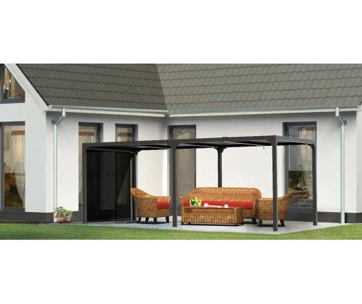 Pergola bioclimatique avec rideau manuel coloris gris pour côté 3,60 m, Aluminium gris anthracite, 3.60 x 6.00 m, 21.5m²