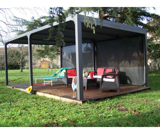 Pergola bioclimatique avec 2 rideaux manuels coloris gris pour côté de 5,98 m, Aluminium gris anthracite, 3.60 x 6.00 m, 21.5m²