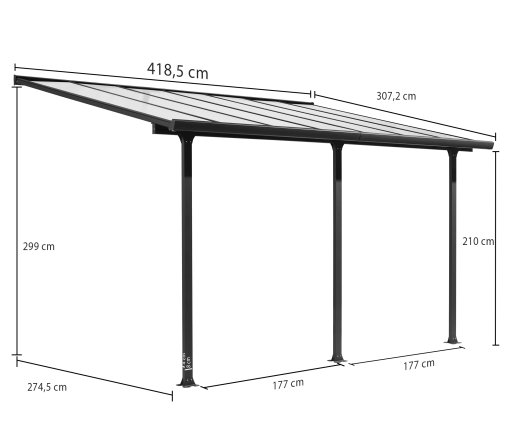 Toit terrasse avec rideau d'ombrage extensible, Aluminium gris anthracite, 3.05 x 4.20 m, 12.80m²