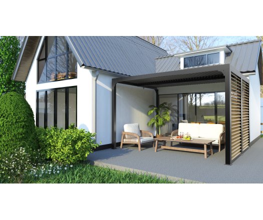 Pergola bioclimatique livrée avec des ventelles latérales aluminium mobiles imitation bois pour côté 3 m, Aluminium gris anthracite, 3.60 x 3.00 m, 10.80m²