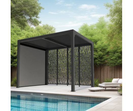 Pergola bioclimatique Aluminium avec 4 panneaux moucharabieh coloris gris pour côté 3 m et rideau manuel coloris gris pour côté 2,40 m, 2.40 x 3.00m, 7.20m²