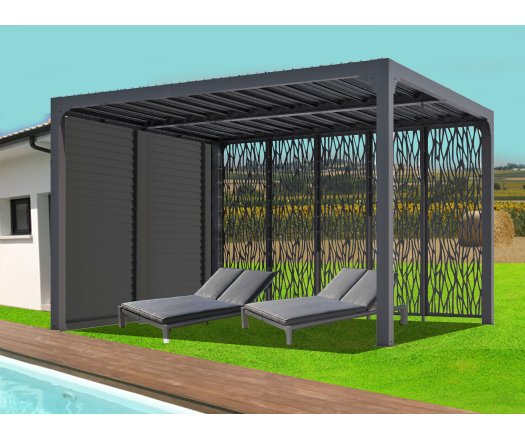 Pergola bioclimatique avec 5 panneaux moucharabieh coloris gris pour côté 3,60 m, Aluminium gris anthracite, 3.60 x 3.00 m, 10.80m²