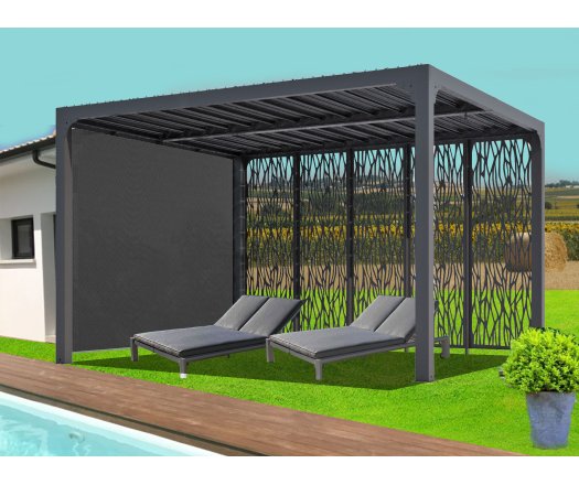 Pergola bioclimatique  avec panneaux moucharabieh coloris gris pour côté 3,60 m et rideau manuel coloris gris pour côté 3 m, Aluminium gris anthracite, 3.60 x 3.00 m, 10.80m²