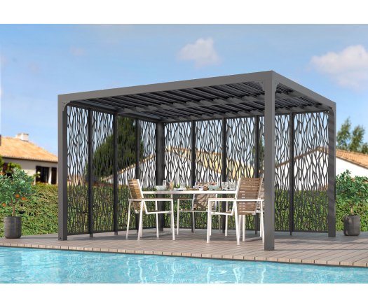 Pergola bioclimatique avec panneaux moucharabieh coloris gris pour côté 3 m + côté 3,60 m, Aluminium  gris anthracite, 3.60 x 3.00 m, 10.80m²