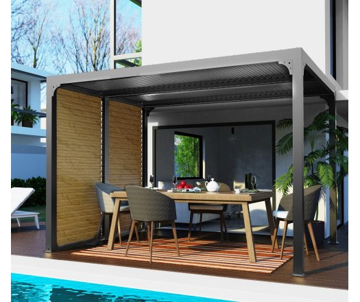 Pergola Bioclimatique avec ventelles imitation bois pour coté 3m, Aluminium gris anthracite, 2.40 x 3.00m, 7.20m²