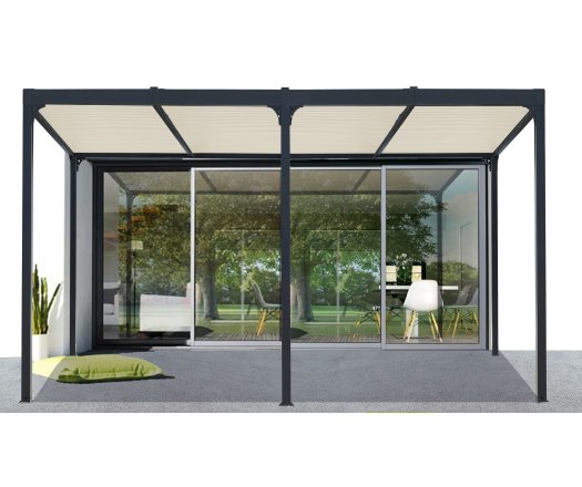 Pergola bioclimatique avec ventelles écru, Aluminium gris anthracite, 3.60 x 6.00 m, 21.5m²