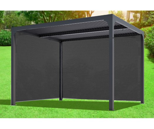 Pergola bioclimatique avec rideau manuel coloris gris pour côté 3 m et rideau manuel coloris gris pour côté 3,60 m, Aluminium gris anthracite, 3.60 x 3.00 m, 10.80m²