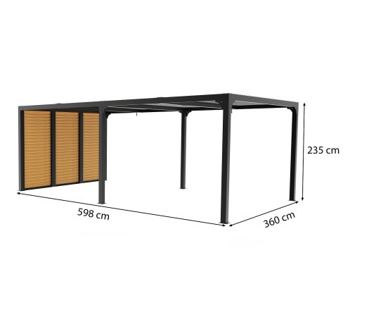 Pergola bioclimatique avec ventelles latérales coloris imitation bois pour côté 3,60 m, Aluminium gris anthracite, 3.60 x 6.00 m, 21.5m²