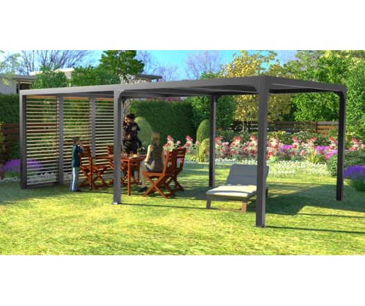 Pergola bioclimatique avec ventelles latérales coloris imitation bois pour côté 3,60 m, Aluminium gris anthracite, 3.60 x 6.00 m, 21.5m²