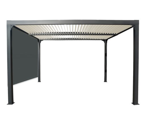 Pergola Bioclimatique avec ventelles écru et rideau manuel coloris gris pour coté 3m, Aluminium gris anthracite, 3.60 x 3.00m, 10.80m²