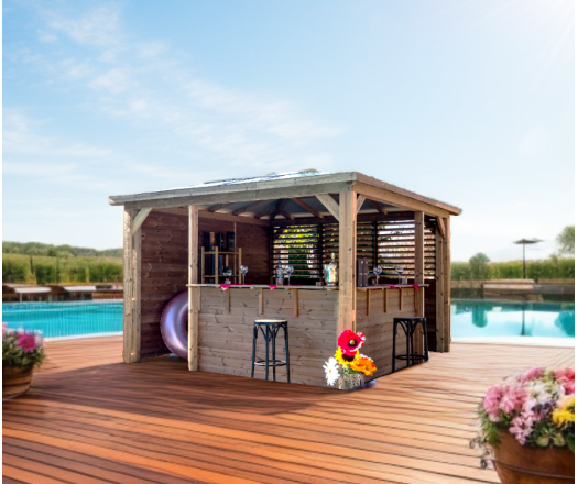 Pool House Blueterm 1 paroi avec mur plein / 1 paroi avec ventelles / 2 parois avec comptoir, THT Toit en panneaux ACP, 3.50 x 3.50 m, 12.25m²