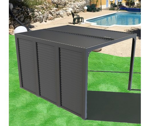 Pergola bioclimatique  livrée avec des ventelles latérales aluminium mobiles pour côté 3,60 m, Aluminium gris anthracite, 3.60 x 3.00 m, 10.80m²