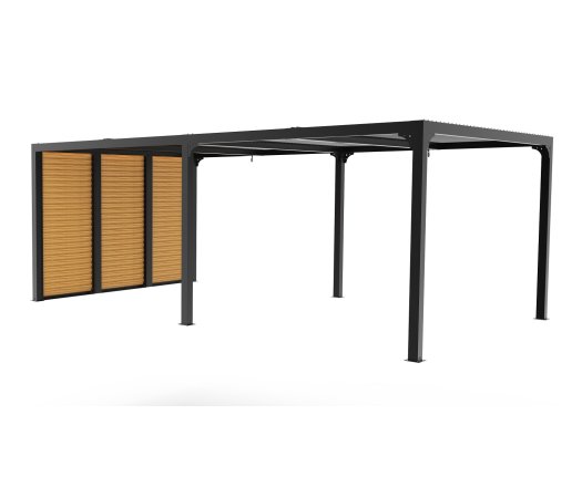 Pergola bioclimatique avec ventelles latérales coloris imitation bois pour côté 3,60 m, Aluminium gris anthracite, 3.60 x 6.00 m, 21.5m²