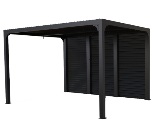 Pergola bioclimatique  livrée avec des ventelles latérales aluminium mobiles pour côté 3,60 m, Aluminium gris anthracite, 3.60 x 3.00 m, 10.80m²