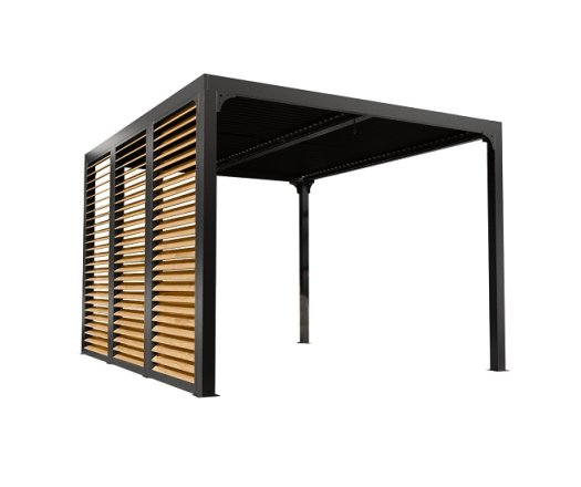 Pergola bioclimatique livrée avec des ventelles latérales aluminium mobiles couleur imitation bois pour côté 3,60 m, Aluminium gris anthracite, 3.60 x 3.00 m, 10.80m²