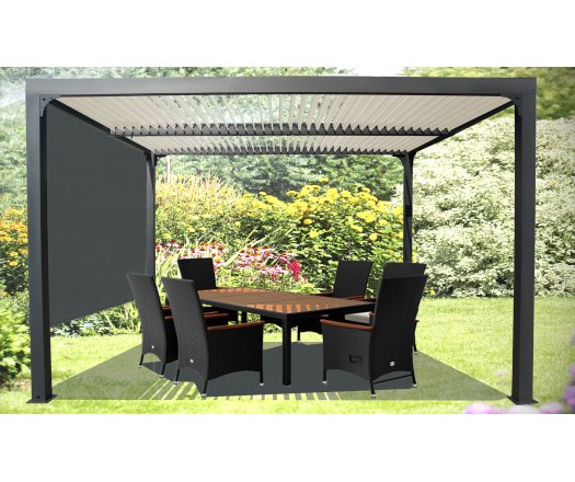 Pergola Bioclimatique avec ventelles écru et rideau manuel coloris gris pour coté 3m, Aluminium gris anthracite, 3.60 x 3.00m, 10.80m²