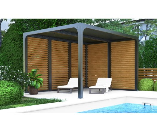 Pergola Bioclimatique avec ventelles aluminium imitation bois coté 3.60 x 3.00 m, Aluminium gris anthracite, 3.60 x 3.00m, 10.80m²