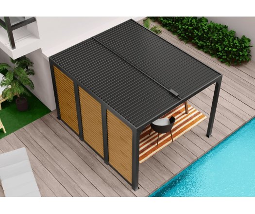 Pergola bioclimatique livrée avec des ventelles latérales aluminium mobiles couleur imitation bois pour côté 3,60 m, Aluminium gris anthracite, 3.60 x 3.00 m, 10.80m²