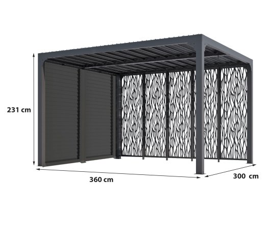 Pergola bioclimatique avec 5 panneaux moucharabieh coloris gris pour côté 3,60 m, Aluminium gris anthracite, 3.60 x 3.00 m, 10.80m²