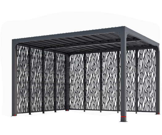 Pergola bioclimatique avec panneaux moucharabieh coloris gris pour côté 3 m + côté 3,60 m, Aluminium  gris anthracite, 3.60 x 3.00 m, 10.80m²