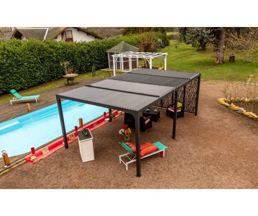 Pergola bioclimatique  avec 5 panneaux moucharabieh coloris gris pour côté 3,60 m, Aluminium gris anthracite, 3.60 x 6.00 m, 21.5m²