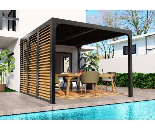 Pergola bioclimatique livrée avec des ventelles latérales aluminium mobiles couleur imitation bois pour côté 3,60 m, Aluminium gris anthracite, 3.60 x 3.00 m, 10.80m²