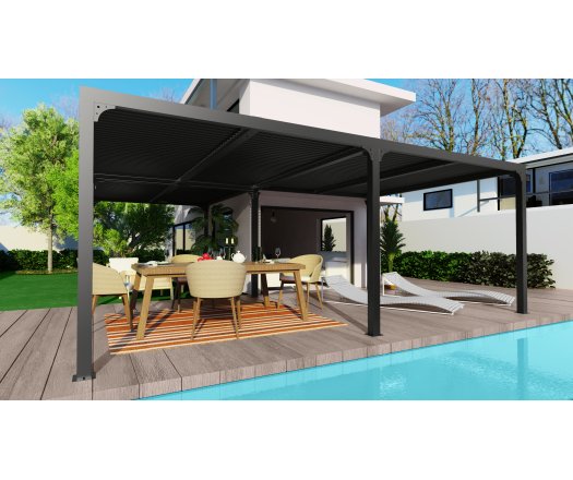 Pergola bioclimatique en "L" avec ventelles sur le toit, Aluminium gris anthracite, 7.10 x 6.00 x 3.60 x 3.00 x 3.60 x 3.00 m, 32.6m²