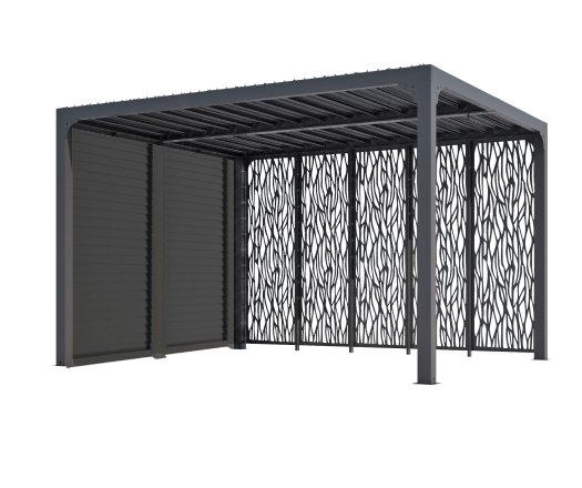 Pergola bioclimatique avec 5 panneaux moucharabieh coloris gris pour côté 3,60 m, Aluminium gris anthracite, 3.60 x 3.00 m, 10.80m²