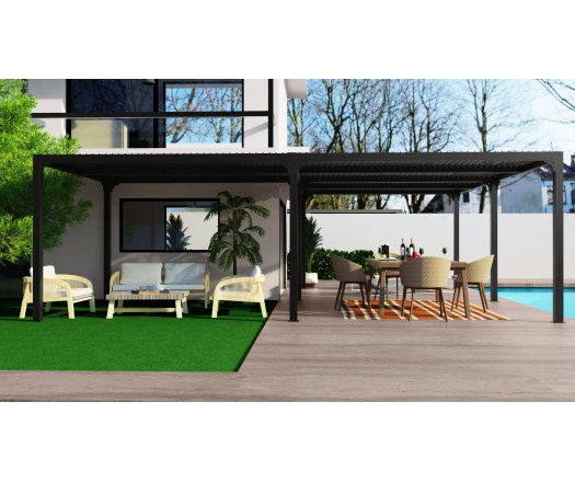 Pergola bioclimatique en "L" avec ventelles sur le toit, Aluminium gris anthracite, 7.10 x 6.00 x 3.60 x 3.00 x 3.60 x 3.00 m, 32.6m²