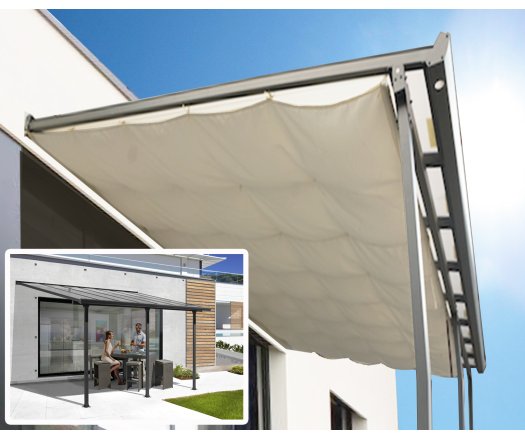 Toit terrasse avec rideau d'ombrage extensible, Aluminium gris anthracite, 3.05 x 4.20 m, 12.80m²