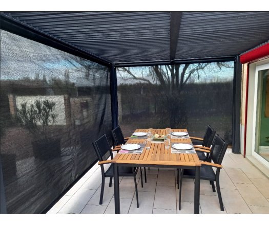 Pergola bioclimatique avec rideau manuel coloris gris pour côté 3 m et rideau manuel coloris gris pour côté 3,60 m, Aluminium gris anthracite, 3.60 x 3.00 m, 10.80m²