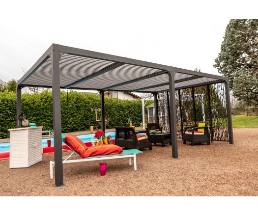 Pergola bioclimatique  avec 5 panneaux moucharabieh coloris gris pour côté 3,60 m, Aluminium gris anthracite, 3.60 x 6.00 m, 21.5m²