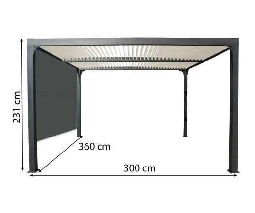 Pergola Bioclimatique avec ventelles écru et rideau manuel coloris gris pour coté 3m, Aluminium gris anthracite, 3.60 x 3.00m, 10.80m²