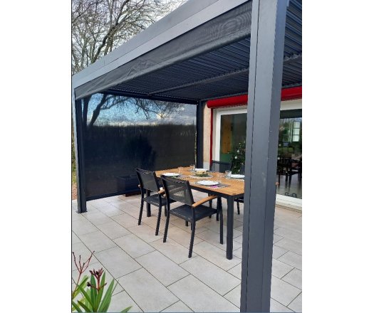 Pergola bioclimatique avec rideau manuel coloris gris pour côté 3 m et rideau manuel coloris gris pour côté 3,60 m, Aluminium gris anthracite, 3.60 x 3.00 m, 10.80m²