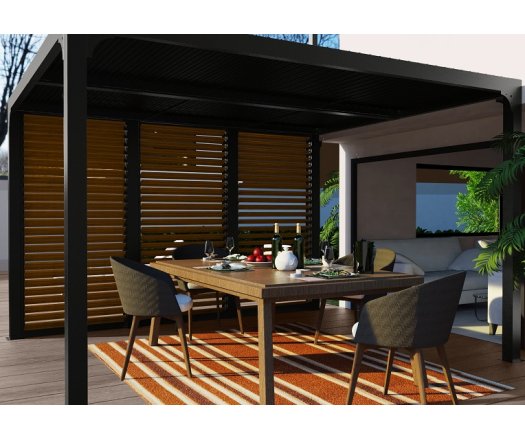 Pergola bioclimatique livrée avec des ventelles latérales aluminium mobiles couleur imitation bois pour côté 3,60 m, Aluminium gris anthracite, 3.60 x 3.00 m, 10.80m²