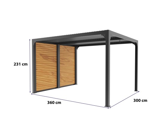 Pergola bioclimatique livrée avec des ventelles latérales aluminium mobiles imitation bois pour côté 3 m, Aluminium gris anthracite, 3.60 x 3.00 m, 10.80m²