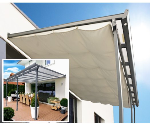 Toit terrasse  avec rideau d'ombrage extensible, Aluminium gris anthracite, 3.05 x 5.00 m, 15.25m²