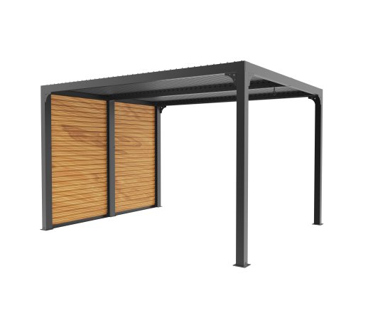 Pergola bioclimatique livrée avec des ventelles latérales aluminium mobiles imitation bois pour côté 3 m, Aluminium gris anthracite, 3.60 x 3.00 m, 10.80m²