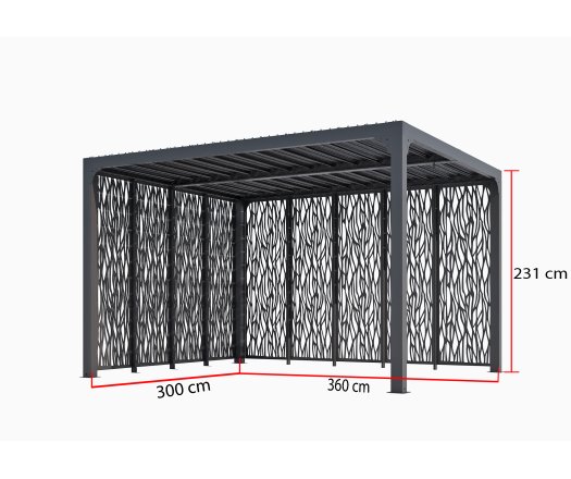 Pergola bioclimatique avec panneaux moucharabieh coloris gris pour côté 3 m + côté 3,60 m, Aluminium  gris anthracite, 3.60 x 3.00 m, 10.80m²