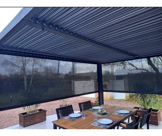 Pergola bioclimatique avec rideau manuel coloris gris pour côté 3 m et rideau manuel coloris gris pour côté 3,60 m, Aluminium gris anthracite, 3.60 x 3.00 m, 10.80m²