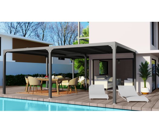 Pergola bioclimatique en "L" avec ventelles sur le toit, Aluminium gris anthracite, 7.10 x 6.00 x 3.60 x 3.00 x 3.60 x 3.00 m, 32.6m²