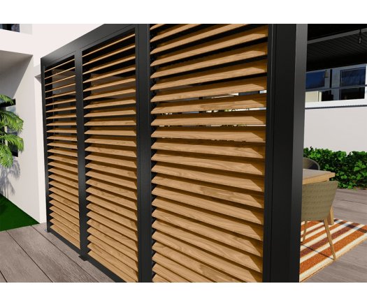 Pergola bioclimatique livrée avec des ventelles latérales aluminium mobiles couleur imitation bois pour côté 3,60 m, Aluminium gris anthracite, 3.60 x 3.00 m, 10.80m²