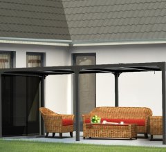 Pergola bioclimatique avec rideau manuel coloris gris pour côté 3,60 m, Aluminium gris anthracite, 3.60 x 6.00 m, 21.5m²