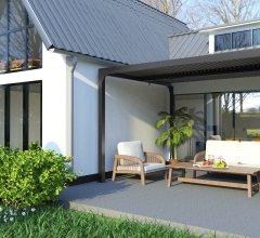 Pergola bioclimatique livrée avec des ventelles latérales aluminium mobiles imitation bois pour côté 3 m, Aluminium gris anthracite, 3.60 x 3.00 m, 10.80m²