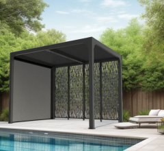 Pergola bioclimatique Aluminium avec 4 panneaux moucharabieh coloris gris pour côté 3 m et rideau manuel coloris gris pour côté 2,40 m, 2.40 x 3.00m, 7.20m²