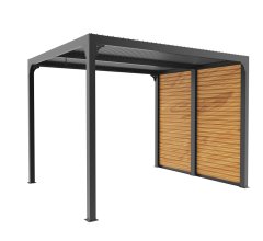 Pergola Bioclimatique avec ventelles imitation bois pour coté 3m, Aluminium gris anthracite, 2.40 x 3.00m, 7.20m²