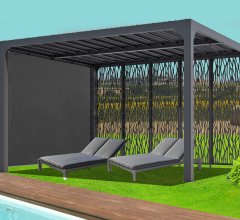 Pergola bioclimatique  avec panneaux moucharabieh coloris gris pour côté 3,60 m et rideau manuel coloris gris pour côté 3 m, Aluminium gris anthracite, 3.60 x 3.00 m, 10.80m²