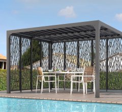 Pergola bioclimatique avec panneaux moucharabieh coloris gris pour côté 3 m + côté 3,60 m, Aluminium  gris anthracite, 3.60 x 3.00 m, 10.80m²